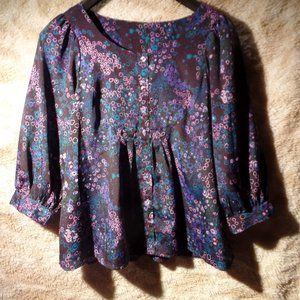 Purple & Turquoise floral peasant style button down blouse with 3/4 sleeves L